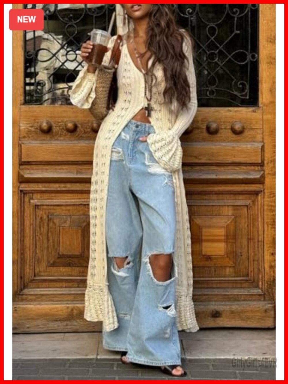 Crochet Hollow Out Knit Cardigan Long Sleeve Button Down Maxi Duster